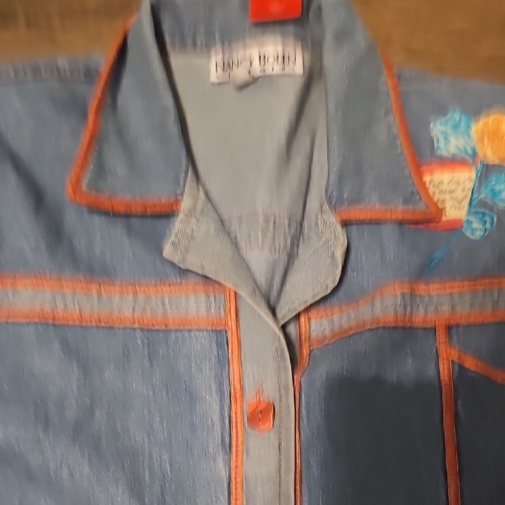 VINTAGE 80s Nancy Bolen City Girl Denim shirt Large Patch Embroidery Orange Trim - Picture 7 of 9